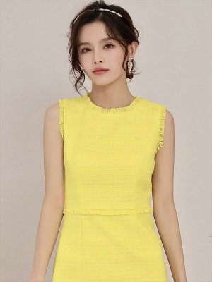 画像5: [送料無料][ERUKEI]イエロー・グリーン・ブラック・ピンク・ベージュ・ホワイト・レッド・ブルー・ツイード・タイト・膝丈・ミディアムドレス・ワンピース[即日発送][大きいサイズあり]