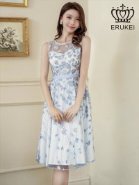[送料無料][ERUKEI]ブルー・パープル・花柄・刺繍・ノースリーブ・Aライン・ミディアムドレス・ワンピース[即日発送][大きいサイズあり]