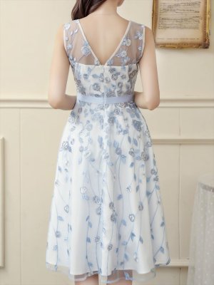 画像3: [送料無料][ERUKEI]ブルー・パープル・花柄・刺繍・ノースリーブ・Aライン・ミディアムドレス・ワンピース[即日発送][大きいサイズあり]