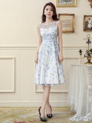 画像6: [送料無料][ERUKEI]ブルー・パープル・花柄・刺繍・ノースリーブ・Aライン・ミディアムドレス・ワンピース[即日発送][大きいサイズあり]