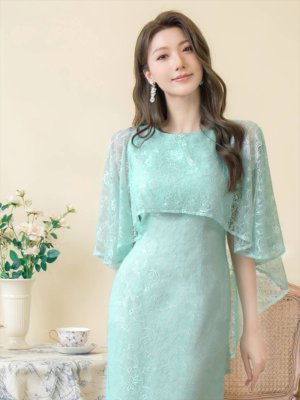 画像16: [送料無料][ERUKEI]ワインレッド・ホワイト・グリーン・ケープ風・総レース・金糸・ボートネック・Aライン・ロングドレス[即日発送][大きいサイズあり]