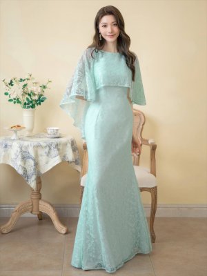 画像17: [送料無料][ERUKEI]ワインレッド・ホワイト・グリーン・ケープ風・総レース・金糸・ボートネック・Aライン・ロングドレス[即日発送][大きいサイズあり]