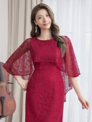 画像4: [送料無料][ERUKEI]ワインレッド・ホワイト・グリーン・ケープ風・総レース・金糸・ボートネック・Aライン・ロングドレス[即日発送][大きいサイズあり]