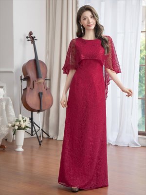 画像5: [送料無料][ERUKEI]ワインレッド・ホワイト・グリーン・ケープ風・総レース・金糸・ボートネック・Aライン・ロングドレス[即日発送][大きいサイズあり]