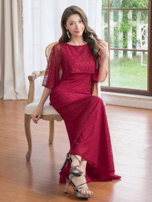 画像6: [送料無料][ERUKEI]ワインレッド・ホワイト・グリーン・ケープ風・総レース・金糸・ボートネック・Aライン・ロングドレス[即日発送][大きいサイズあり]