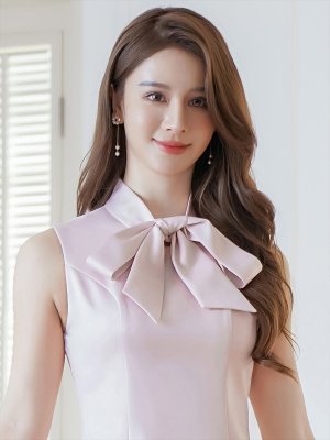 画像4: [送料無料][ERUKEI]ピンク・グレー・アイボリー・ワインレッド・ネイビー・ホワイト・ディープピンク・プチハイネック・シンプル・リボン・Aライン・ミニドレス・ワンピース[即日発送][大きいサイズあり]