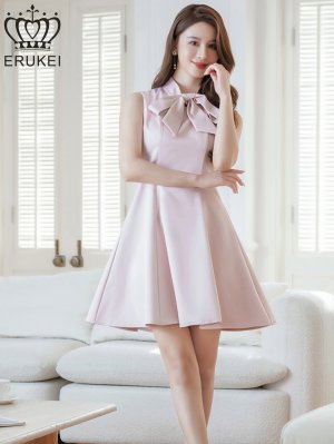 画像5: [送料無料][ERUKEI]ピンク・グレー・アイボリー・ワインレッド・ネイビー・ホワイト・ディープピンク・プチハイネック・シンプル・リボン・Aライン・ミニドレス・ワンピース[即日発送][大きいサイズあり]