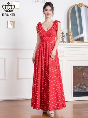 画像9: [送料無料][ERUKEI]ホワイト・レッド・ドット・Vネック・ノースリーブ・肩リボン・Aライン・ロングドレス[即日発送][大きいサイズあり]