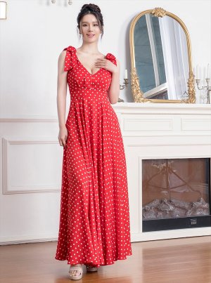 画像12: [送料無料][ERUKEI]ホワイト・レッド・ドット・Vネック・ノースリーブ・肩リボン・Aライン・ロングドレス[即日発送][大きいサイズあり]