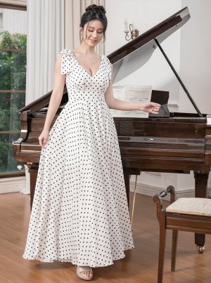 画像3: [送料無料][ERUKEI]ホワイト・レッド・ドット・Vネック・ノースリーブ・肩リボン・Aライン・ロングドレス[即日発送][大きいサイズあり]