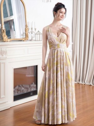 画像5: [送料無料][ERUKEI]イエロー・プリント・ノースリーブ・Vネック・Aライン・ロングドレス[即日発送][大きいサイズあり]