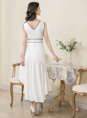 画像10: [送料無料][ERUKEI]ネイビー・ホワイト・ピンク・Vネック・ノースリーブ・リボン・マーメイド・ミディアムドレス・ワンピース[即日発送][大きいサイズあり]