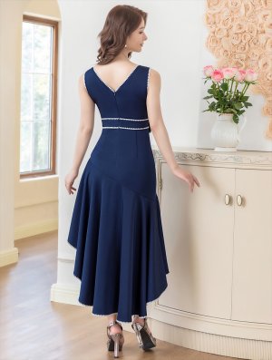 画像3: [送料無料][ERUKEI]ネイビー・ホワイト・ピンク・Vネック・ノースリーブ・リボン・マーメイド・ミディアムドレス・ワンピース[即日発送][大きいサイズあり]