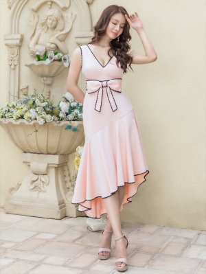 画像17: [送料無料][ERUKEI]ネイビー・ホワイト・ピンク・Vネック・ノースリーブ・リボン・マーメイド・ミディアムドレス・ワンピース[即日発送][大きいサイズあり]