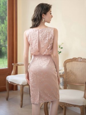 画像3: [送料無料][ERUKEI]ピンク・ブルー・総レース・ノースリーブ・ウエストリボン・タイト・ミディアムドレス・ワンピース[即日発送][大きいサイズあり]