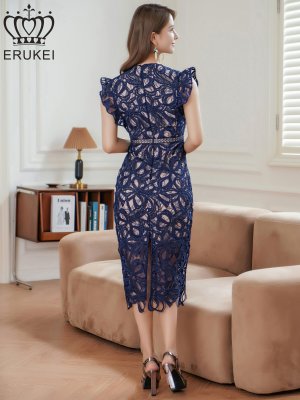 画像3: [送料無料][ERUKEI]ネイビー・ブラック・ホワイト・ワインレッド・ケミカルレース・フリルスリーブ・ハイウエスト・Vネック・タイト・ミディアムドレス・ワンピース[即日発送][大きいサイズあり]