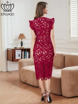 画像19: [送料無料][ERUKEI]ネイビー・ブラック・ホワイト・ワインレッド・ケミカルレース・フリルスリーブ・ハイウエスト・Vネック・タイト・ミディアムドレス・ワンピース[即日発送][大きいサイズあり]