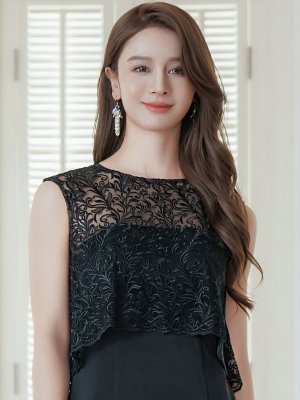 画像4: [送料無料][ERUKEI]ブラック・ホワイト・ノースリーブ・レース・タイト・スリット・ミディアムドレス・ワンピース[即日発送][大きいサイズあり]