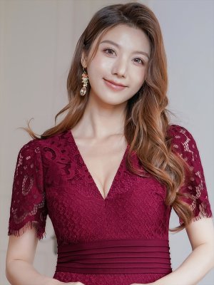 画像16: [送料無料][ERUKEI]ホワイト・ブラック・ワインレッド・半袖・総レース・タイト・Vネック・ミニドレス・ワンピース[即日発送][大きいサイズあり]