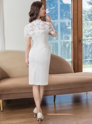 画像3: [送料無料][ERUKEI]ホワイト・タイト・胸元レース・シンプル・半袖・ミディアムドレス・ワンピース[即日発送][大きいサイズあり]