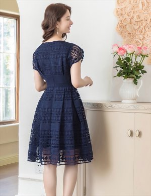 画像15: [送料無料][ERUKEI]ホワイト・ピンク・ネイビー・フレンチスリーブ・ケミカルレース・Ａライン・ミディアムドレス・ワンピース[即日発送][大きいサイズあり]