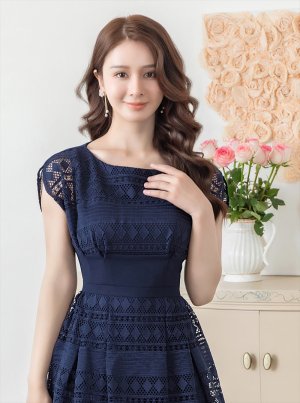 画像16: [送料無料][ERUKEI]ホワイト・ピンク・ネイビー・フレンチスリーブ・ケミカルレース・Ａライン・ミディアムドレス・ワンピース[即日発送][大きいサイズあり]