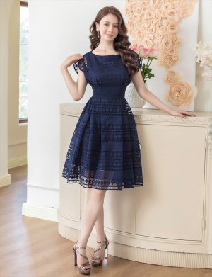 画像17: [送料無料][ERUKEI]ホワイト・ピンク・ネイビー・フレンチスリーブ・ケミカルレース・Ａライン・ミディアムドレス・ワンピース[即日発送][大きいサイズあり]