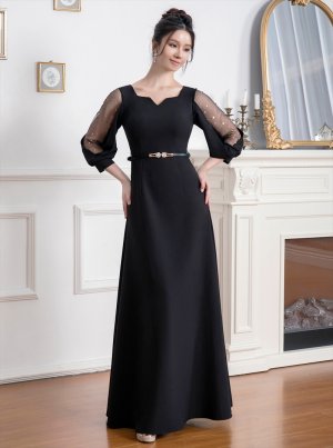 画像3: [送料無料][ERUKEI]ブラック・７分袖・パフスリーブ・シースルー・Aライン・ベルト付き・ロングドレス[即日発送][大きいサイズあり]