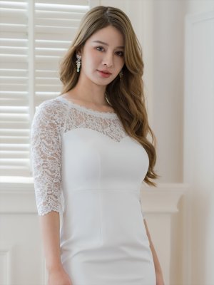 画像10: [送料無料][ERUKEI]ワインレッド・ホワイト・レース・シアー・五分袖・タイト・ミディアムドレス・ワンピース[即日発送][大きいサイズあり]