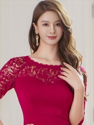 画像4: [送料無料][ERUKEI]ワインレッド・ホワイト・レース・シアー・五分袖・タイト・ミディアムドレス・ワンピース[即日発送][大きいサイズあり]