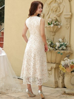 画像3: [送料無料][ERUKEI]ホワイト・ブラック・花柄・ハイビスカス・レース・刺繍・Vネック・ノースリーブ・テールカット・Aライン・ミディアムドレス・ワンピース[即日発送][大きいサイズあり]