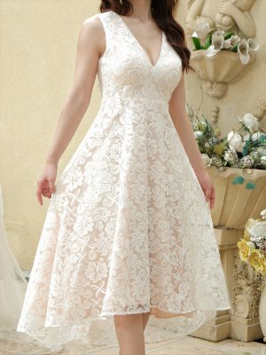 画像4: [送料無料][ERUKEI]ホワイト・ブラック・花柄・ハイビスカス・レース・刺繍・Vネック・ノースリーブ・テールカット・Aライン・ミディアムドレス・ワンピース[即日発送][大きいサイズあり]