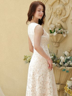 画像6: [送料無料][ERUKEI]ホワイト・ブラック・花柄・ハイビスカス・レース・刺繍・Vネック・ノースリーブ・テールカット・Aライン・ミディアムドレス・ワンピース[即日発送][大きいサイズあり]