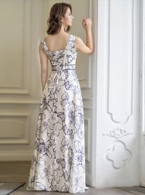 画像9: [送料無料][ERUKEI]ベージュ×イエロー・ホワイト×ブラック・スピンドル・ノースリーブ・フラワープリント・Vネック・ロングドレス[即日発送][大きいサイズあり]