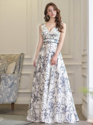 画像11: [送料無料][ERUKEI]ベージュ×イエロー・ホワイト×ブラック・スピンドル・ノースリーブ・フラワープリント・Vネック・ロングドレス[即日発送][大きいサイズあり]