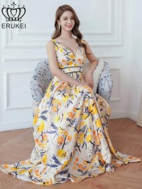 [送料無料][ERUKEI]ベージュ×イエロー・ホワイト×ブラック・スピンドル・ノースリーブ・フラワープリント・Vネック・ロングドレス[即日発送][大きいサイズあり]