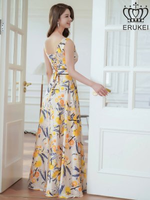 画像3: [送料無料][ERUKEI]ベージュ×イエロー・ホワイト×ブラック・スピンドル・ノースリーブ・フラワープリント・Vネック・ロングドレス[即日発送][大きいサイズあり]