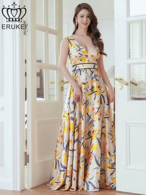 画像5: [送料無料][ERUKEI]ベージュ×イエロー・ホワイト×ブラック・スピンドル・ノースリーブ・フラワープリント・Vネック・ロングドレス[即日発送][大きいサイズあり]