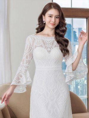 画像4: [送料無料][ERUKEI]ホワイト・総レース・ベルスリーブ・Aライン・エレガント・ロングドレス[即日発送][大きいサイズあり]