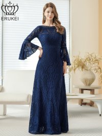 [送料無料][ERUKEI]ネイビー・ワインレッド・ホワイト・レッド・総レース・ベルスリーブ・シアー・Aライン・エレガント・ロングドレス[即日発送][大きいサイズあり]