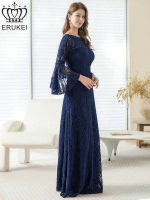 画像2: [送料無料][ERUKEI]ネイビー・ワインレッド・ホワイト・レッド・総レース・ベルスリーブ・シアー・Aライン・エレガント・ロングドレス[即日発送][大きいサイズあり]