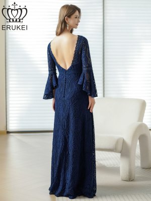 画像3: [送料無料][ERUKEI]ネイビー・ワインレッド・ホワイト・レッド・総レース・ベルスリーブ・シアー・Aライン・エレガント・ロングドレス[即日発送][大きいサイズあり]