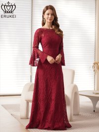 [送料無料][ERUKEI]ワインレッド・ホワイト・レッド・ネイビー・総レース・ベルスリーブ・シアー・Aライン・エレガント・ロングドレス[即日発送][大きいサイズあり]
