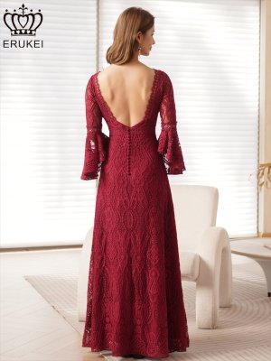 画像3: [送料無料][ERUKEI]ワインレッド・ホワイト・レッド・ネイビー・総レース・ベルスリーブ・シアー・Aライン・エレガント・ロングドレス[即日発送][大きいサイズあり]
