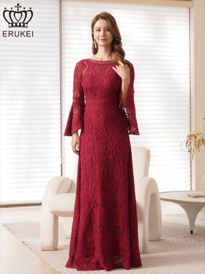 画像4: [送料無料][ERUKEI]ワインレッド・ホワイト・レッド・ネイビー・総レース・ベルスリーブ・シアー・Aライン・エレガント・ロングドレス[即日発送][大きいサイズあり]