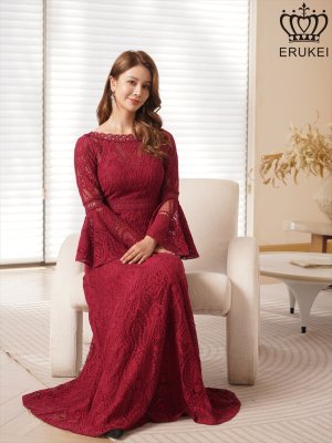 画像5: [送料無料][ERUKEI]ワインレッド・ホワイト・レッド・ネイビー・総レース・ベルスリーブ・シアー・Aライン・エレガント・ロングドレス[即日発送][大きいサイズあり]