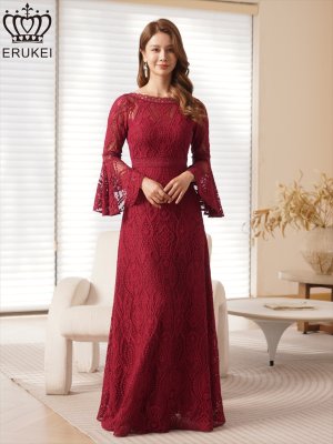 画像6: [送料無料][ERUKEI]ワインレッド・ホワイト・レッド・ネイビー・総レース・ベルスリーブ・シアー・Aライン・エレガント・ロングドレス[即日発送][大きいサイズあり]