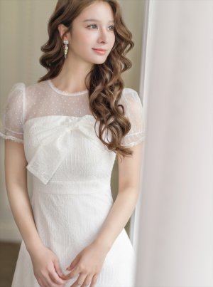 画像4: [送料無料][ERUKEI]ホワイト・総レース・胸元リボン・半袖・Aライン・ミディアムドレス・ワンピース[即日発送][大きいサイズあり]