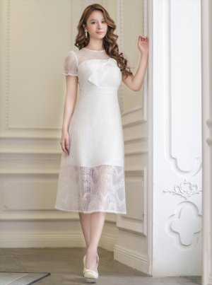 画像5: [送料無料][ERUKEI]ホワイト・総レース・胸元リボン・半袖・Aライン・ミディアムドレス・ワンピース[即日発送][大きいサイズあり]