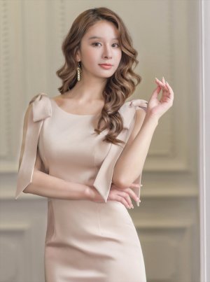 画像10: [送料無料][ERUKEI]マスタード・ベージュ・ネイビー・ホワイト・ワインレッド・肩リボン・タイト・背中あき・ミディアムドレス・ワンピース[即日発送][大きいサイズあり]